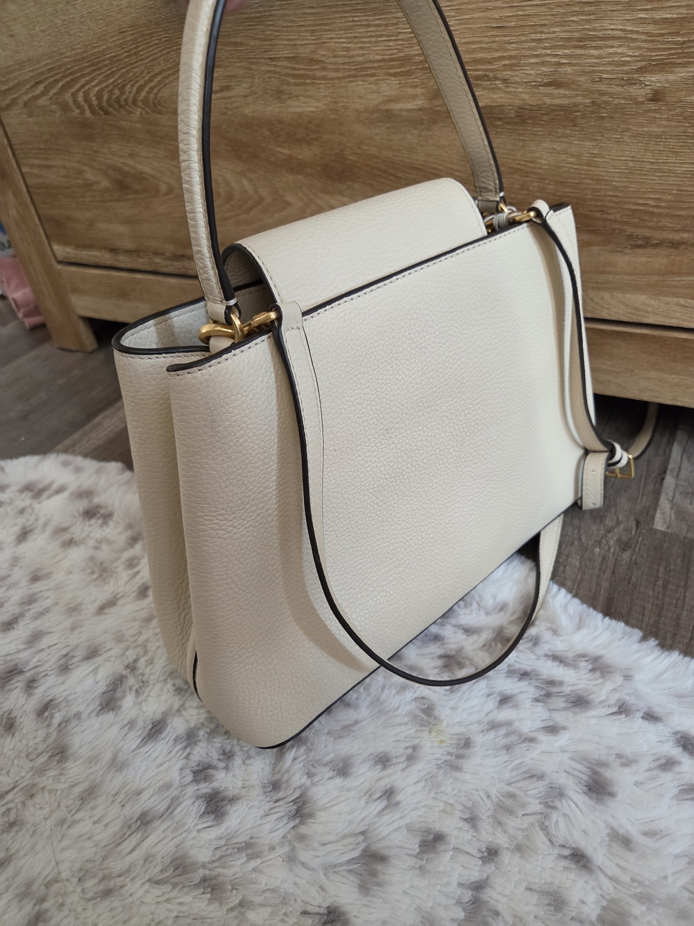 Tory Burch Cream Pebbled Leather Top-Handle Satchel with Gold Logo - Picture 5 of 11
